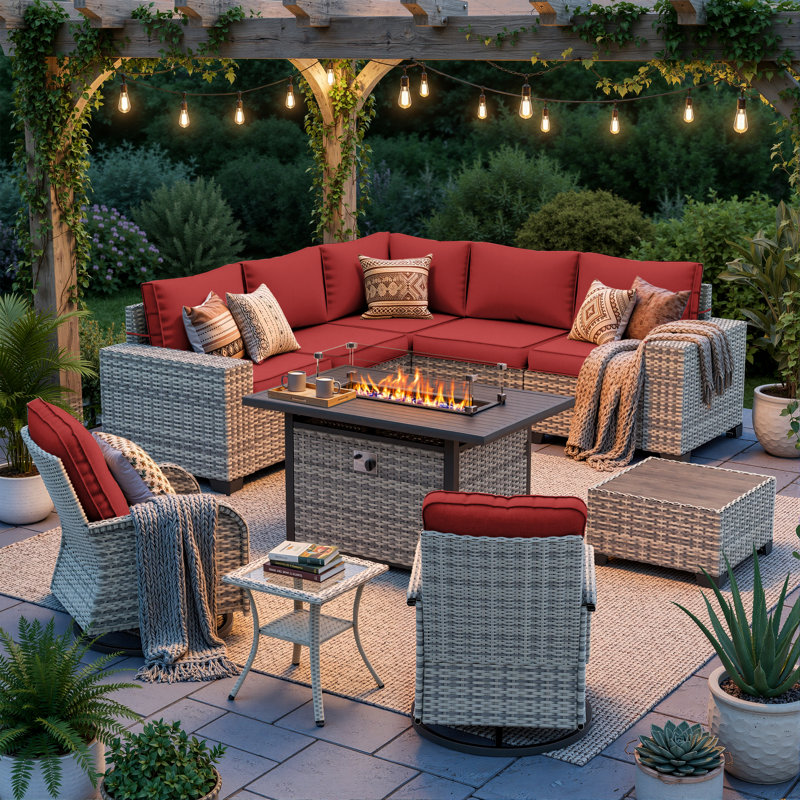 10-Piece Outdoor Patio Sectional Conversation Set With Fire Pit Table And Swivel Rocker Chairs, Red