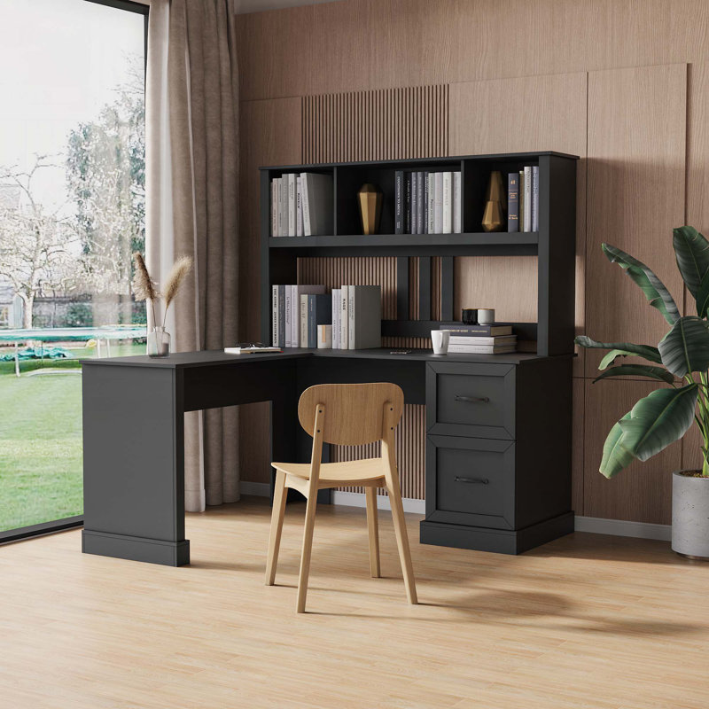 Home Office Computer Desk With Hutch, Antique Black, 64.96" H x 59.84" W x 23.19" D