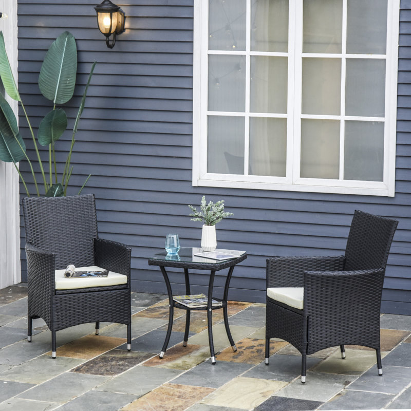 2 - Person Patio Dining Set with Rectangular Table, White Cushion/Black Frame