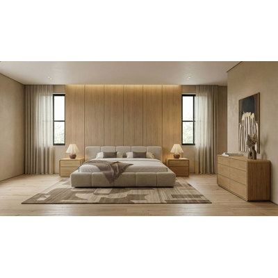 Lamont + Dustin - Modern Beige Fabric + Natural Oak 4-piece Bedroom Set