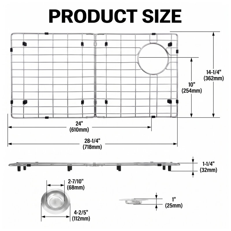 Grille d'évier de cuisine à trou de drain décalé, support de protection d'évier pliable en acier inoxydable 28,1 po x 14,2 po, tapis de séchage pour la protection du fond de l'évier