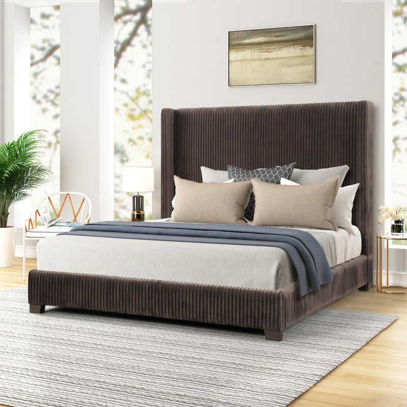 Aazad Pleated Upholstered Bed, King, Brown