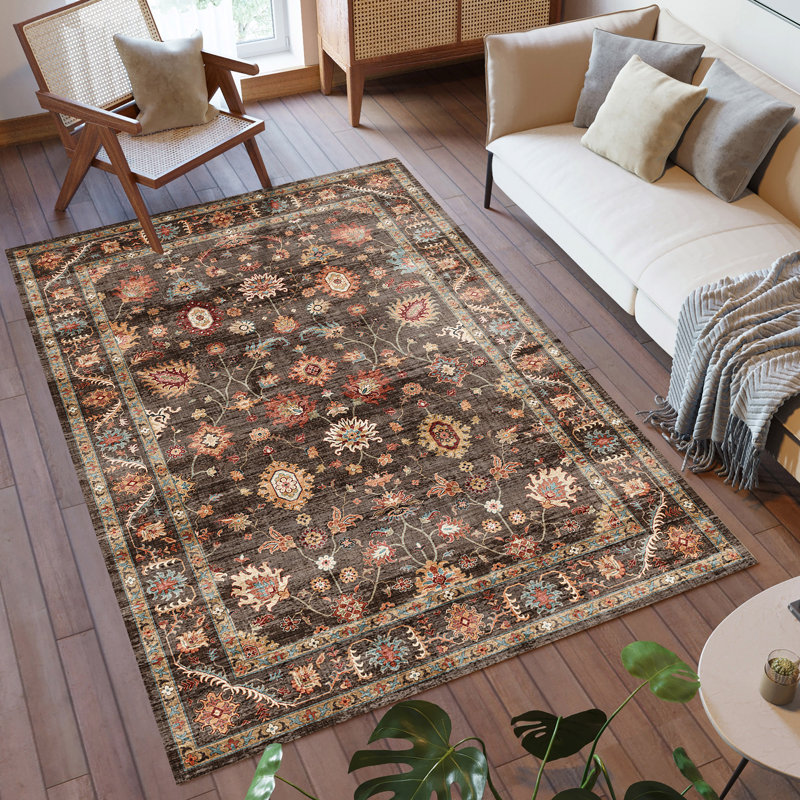 Samira Cullen Machine Washable Floral Border Brown Tan Cream Multi Indoor Area Rug, Transitional Flat Pile for Living Room & Bedroom - Brown, 5x7