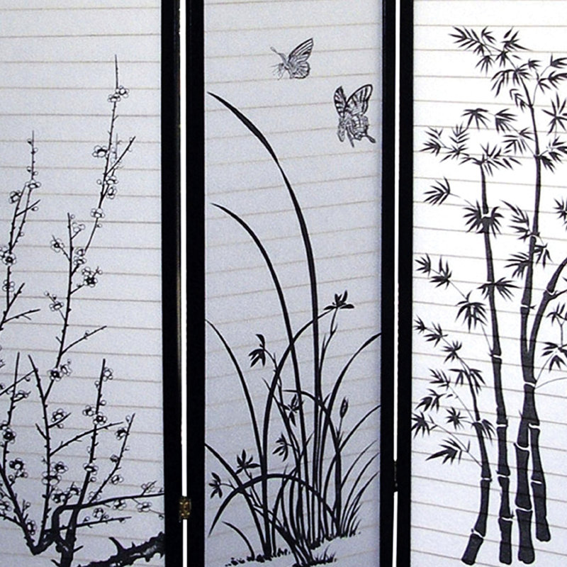 Barrière de séparation 3 pièces de 70 pouces de haut avec motifs floraux et noirs - Préservez votre intimité et rehaussez votre décoration. Panneaux en papier ornés de silhouettes végétales attrayantes et structure métallique.