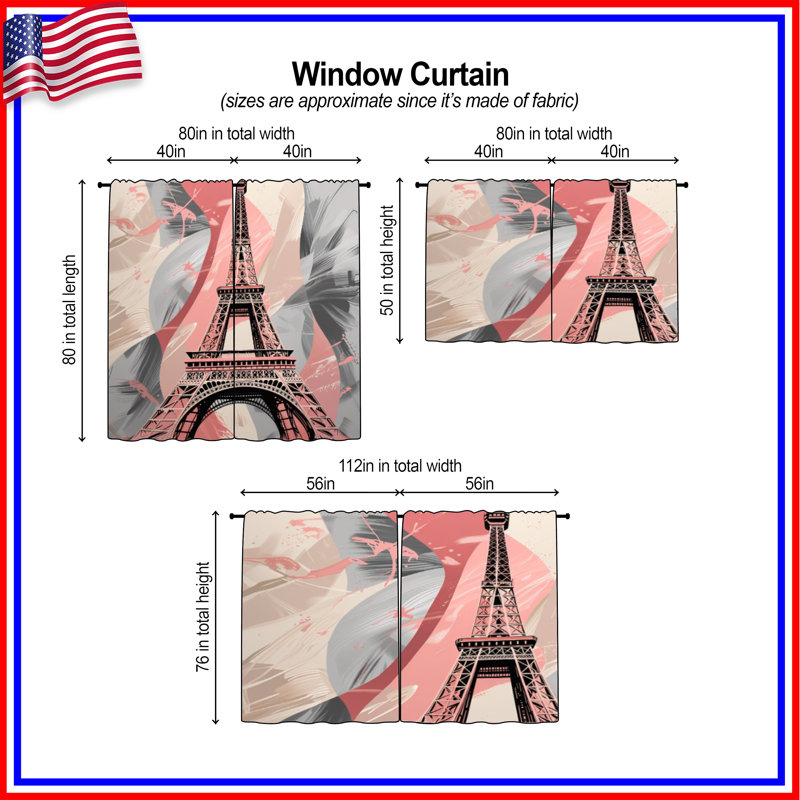 Rideaux de fenêtre Tour Eiffel obscurcissant et obscurcissant - 2 panneaux, 40in x 80in - 2 panels, Transparent
