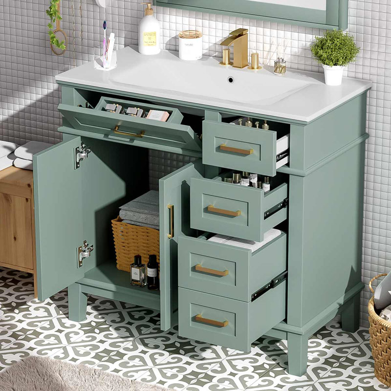 36-Inch Modern Bathroom Vanity With Ceramic Sink, Cabinet With Four Drawers, Green