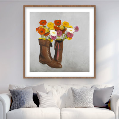 Boots with Daisies Flowers - Rustic Shoes Matted Print Decor