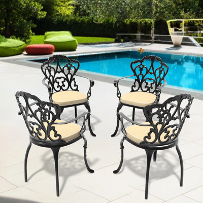 Chaise de salle à manger en fonte d'aluminium pour 4 personnes, structure noire et revêtement thermolaqué, siège confortable, coussins colorés en nylon Pa66