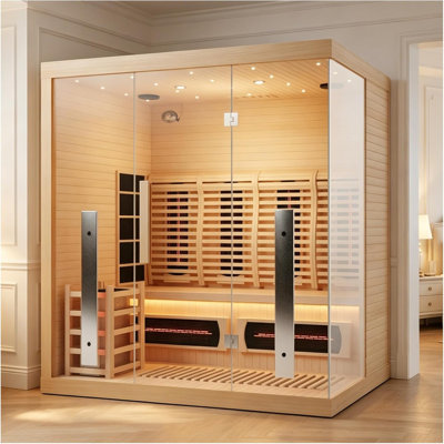Sauna à bois hybride pour 3-4 personnes, contrôle de la WiFi intérieur, pruche canadienne traditionnelle, sauna et infrarouge lointain avec tubes de lumière rouge, 11 éléments chauffants et cuisinière électrique, accessoires