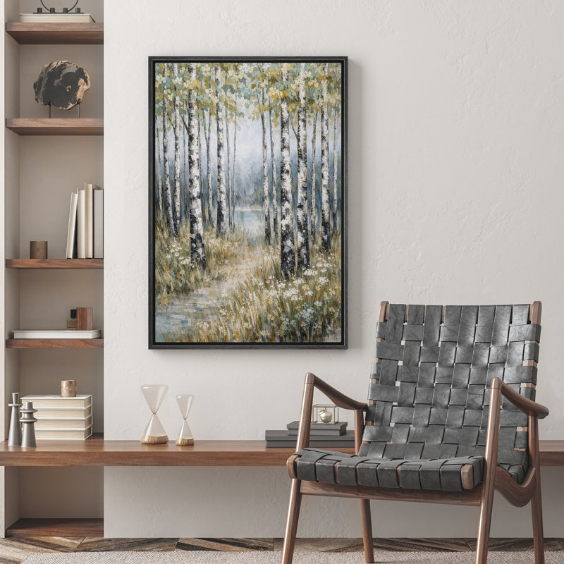 «Birch Forest Path Nature Landscape», reproduction d'art sur toile encadrée dans la chambre principale, Noir
