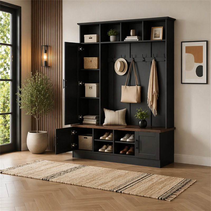 Portemanteau polyvalent 3-en-1 avec 6 crochets, banc de rangement en noyer de ferme avec tablettes réglables, portemanteau d'entrée de 55 po avec plusieurs espaces de rangement pour vestibule, couloir