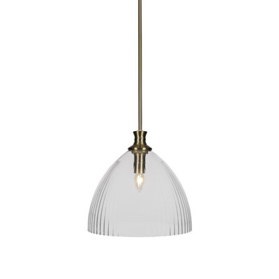 Chestle Stem Hung Pendant Shown In New Age Brass Finish With 14" Clear Ribbed Glass