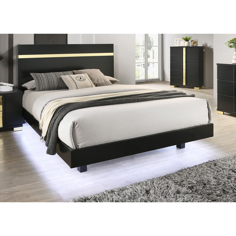 Cadre de lit noir transitionnel pleine grandeur avec DEL sous le lit, garniture en acrylique, métal et bois d'ingénierie, prêt pour un matelas, métal moderne en bois résistant, conception