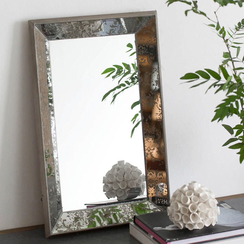 Miroir rectangulaire antique argenté 24 "x 15" avec rehaussement floral, plateau suspendu et miroir pour décoration intérieure