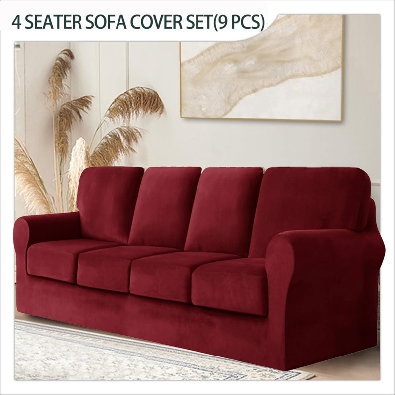 Sofa Cover With Separate Seat Cushions And Backrests Stretch Velvet Sofa Slipcover Couch Covers Furniture Protector Split Combined (Large 4 Seat Set 9 PCS)