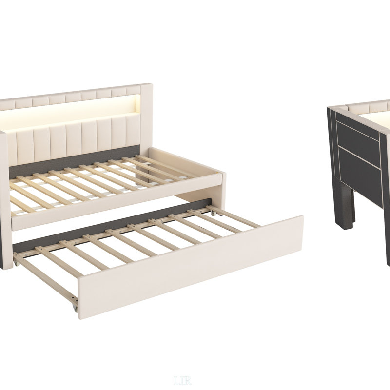 Lit plateforme tapissier simple avec ports USB, éclairage à DEL et lit gigogne pour un confort moderne et peu encombrant
