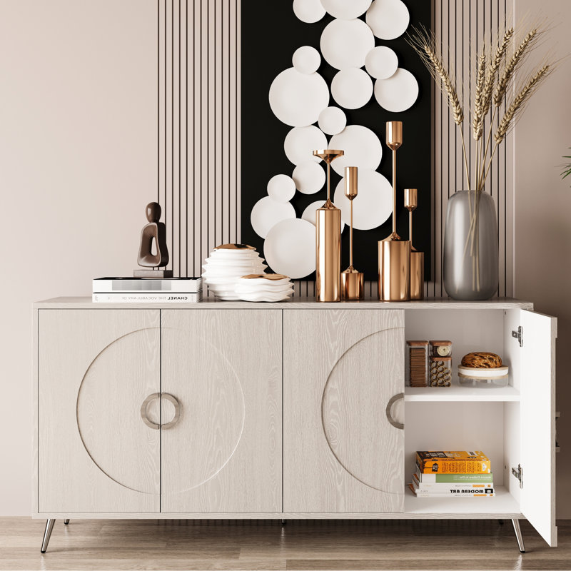 Champagne Silver 4 Door Server Cabinet - , Spacious, For Entryway Storage In Stable, Adjustable Shelves, Kitchen, Champagne