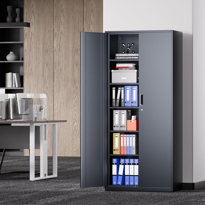 71" Lockable Heavy Duty Metal Storage Cabinet W/ 5 Adjustable Shelves, Gray