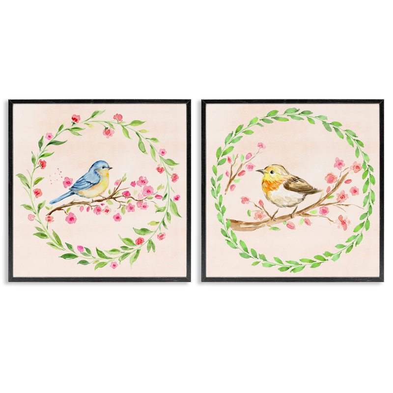 Ensemble de 2 giclées encadrées Spring Branches & Wreath Birds, par Elena Fay, Giclée encadrée noir minuit, H 12 po x l 12 po