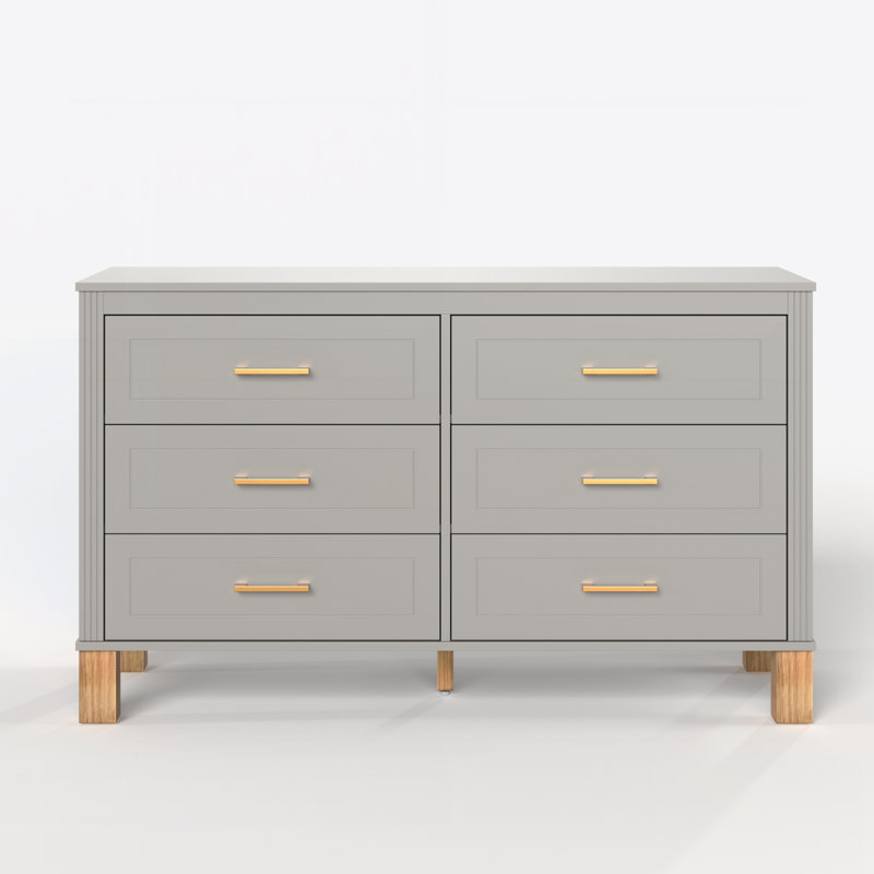 6-Drawer Double Dresser with Metal Handles & Solid Wood Legs, Gray