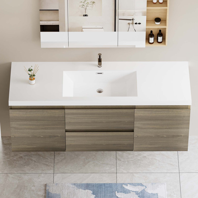 Meuble-lavabo flottant avec lavabo double, 60", Gris cendre