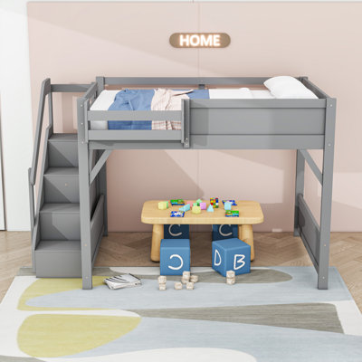 Wooden Loft Bed with Built-In Wardrobe, Shelves, Staircase and Guardrails