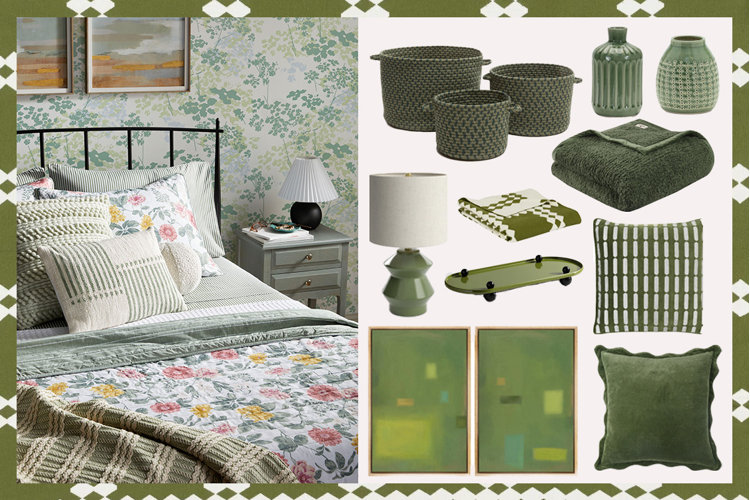 cottagecore bedroom with green bedding and green wallpaper on the left; collage of green woven baskets, ceramic vases, blankets, table lamp, decorative tray, throw pillows, and wall art