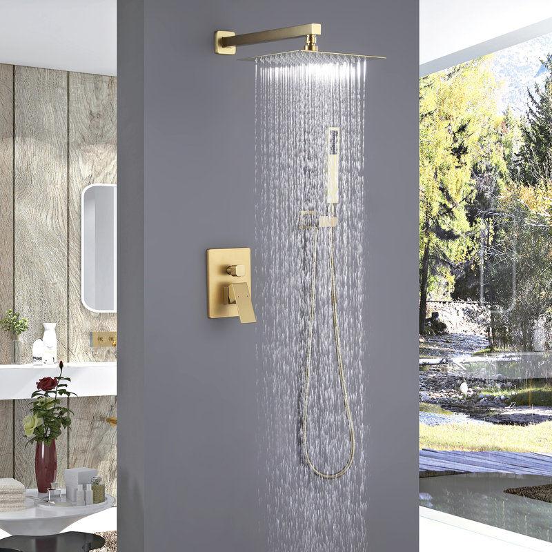 Modern 10" Rectangle Wall Mounted Complete Shower System With Anti-Scald Pressure Balance Valve, Brushed Gold