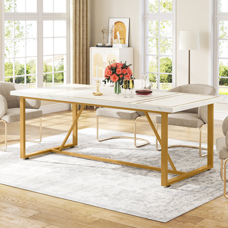 Waltraude Metal Base Dining Table, White, Gold