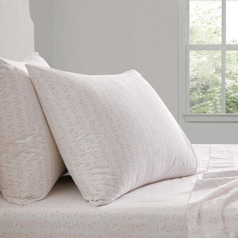 Martha Stewart Ditsy Vine Cotton Percale Pink Sheet Set, Twin Sheet Set with 1 Pillowcase, Pink Floral