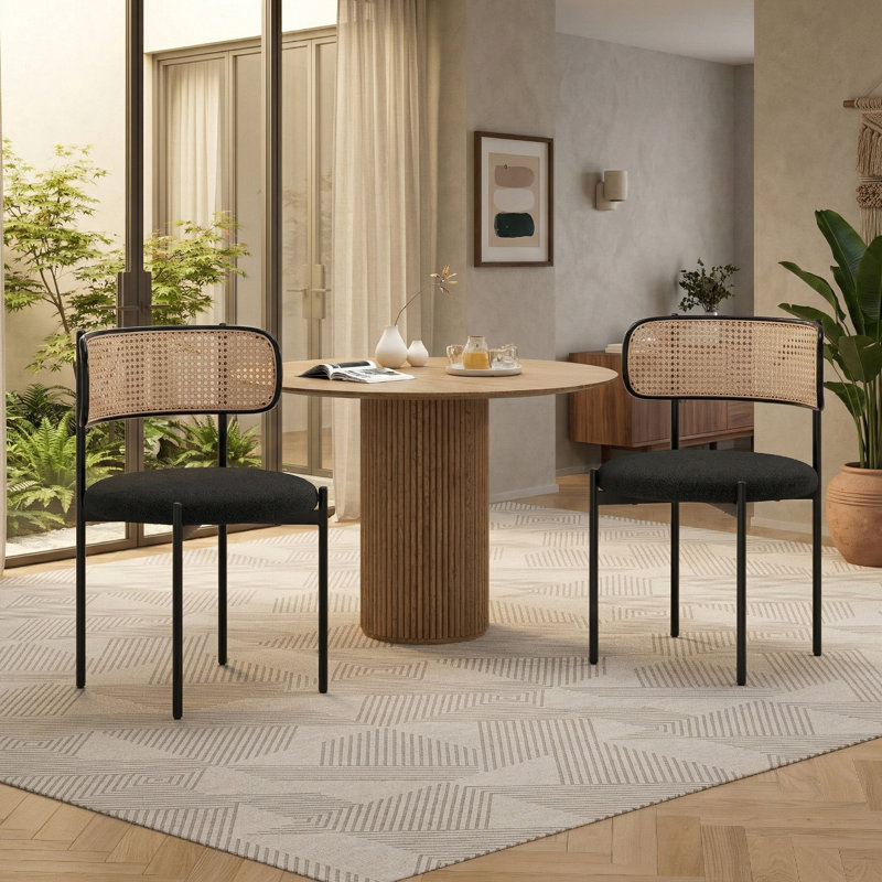 Chaises de salle à manger en rotin avec sièges rembourrés, chaises d'appoint sans accoudoirs de style Mid-Century avec structure en métal (ensemble de 2), noir