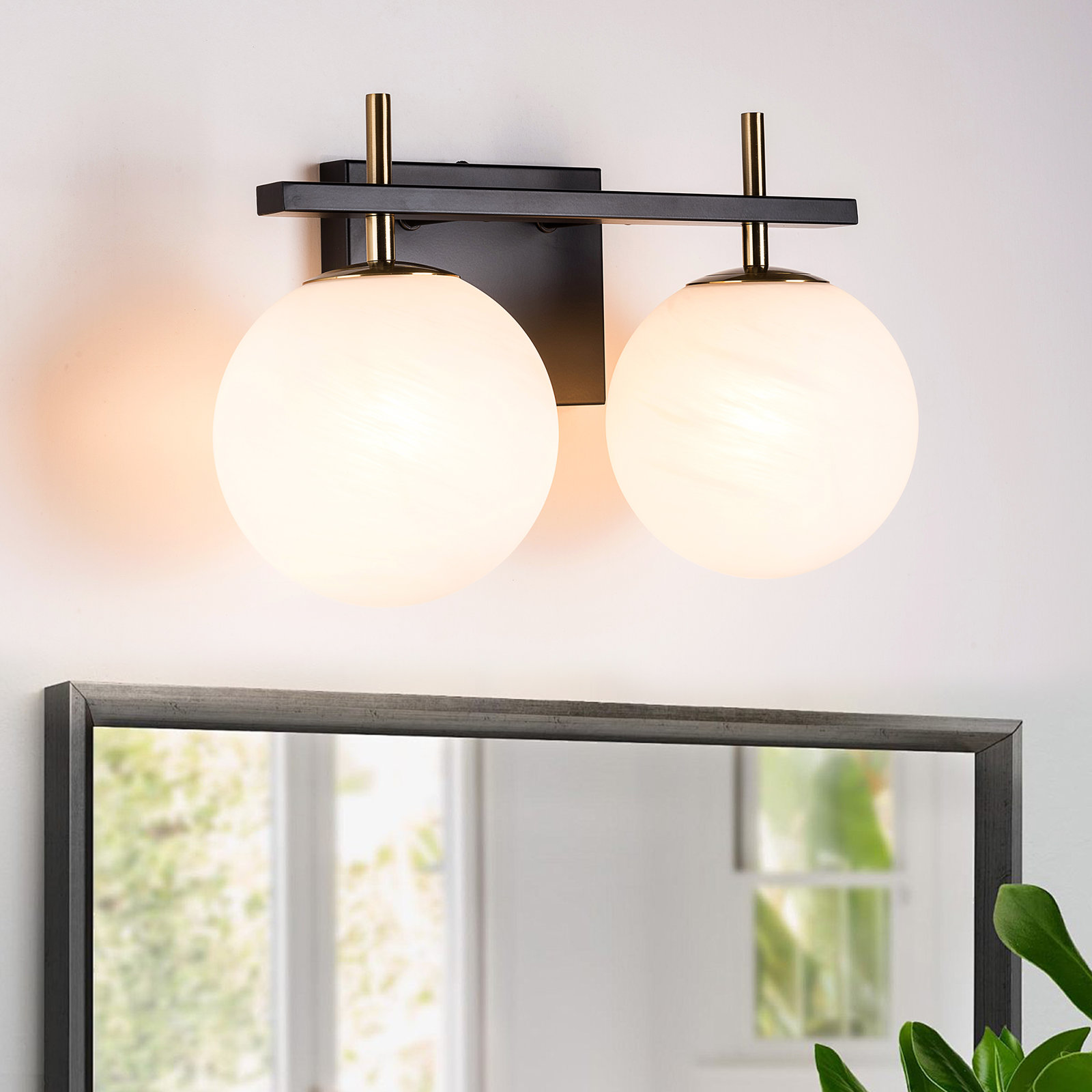 Bathroom Vanity Light With Round Shape Cloud Glass Shade, Matte Black/ Polished Gold, 2