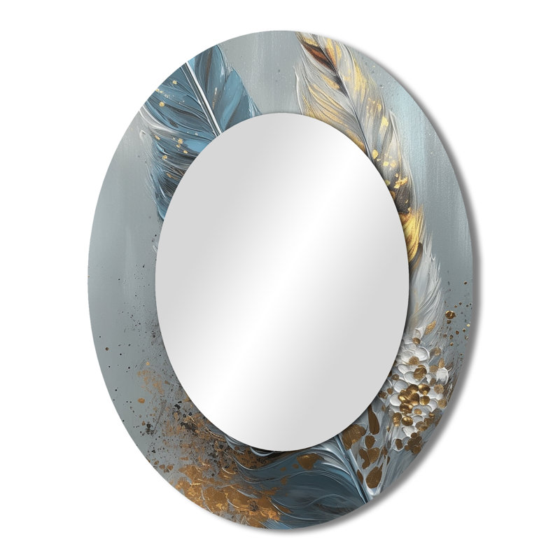 Gold Feather Wanderlust I - Gold Glam Oval Wall Mirror, 43" x 33"