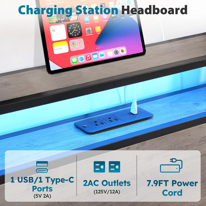 Modern Full/Queen Bed Frame With LED Lights, Storage Drawers, And Charging Station – Available In Brown And Gray, Gray, Full