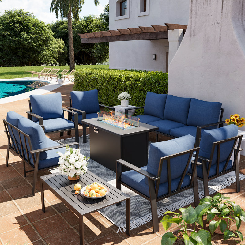 Grand 9-Person Conversation Set in Aluminum with Coffee Table - Classic Outdoor Seating, Navy, Yes