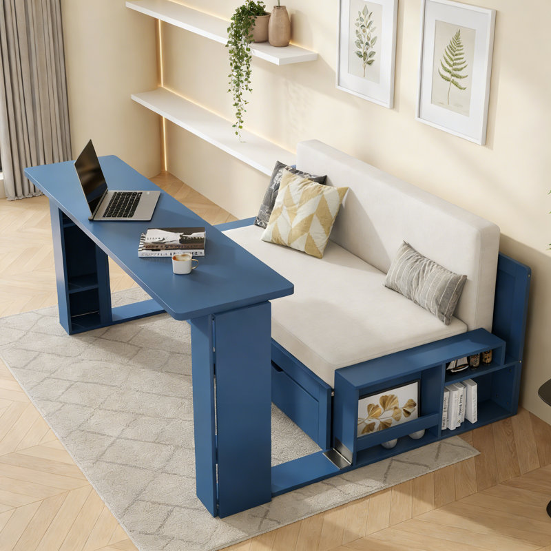 Full Size Daybed with Removable Desk, Storage Drawers & Hydraulic Side Table, Blue, Perfect for Small Spaces, Blue