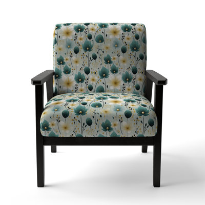 Teal & Ivory Coastal Elegance Floral Pattern - Upholstered Farmhouse Arm Chair, Rustic Floral Accent Chair
