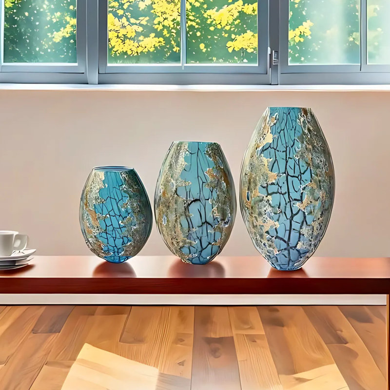 Edinburgh Handblown Glass Table Vase Set of 3 with Teal, Gold & Black Veining, Decorative Oval Vases