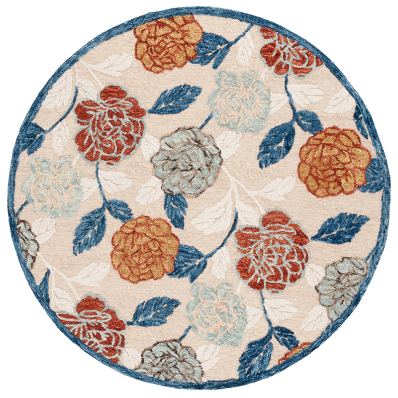 Palash Wool Cotton Performance Floral Rug in Beige/Red, Round 6'