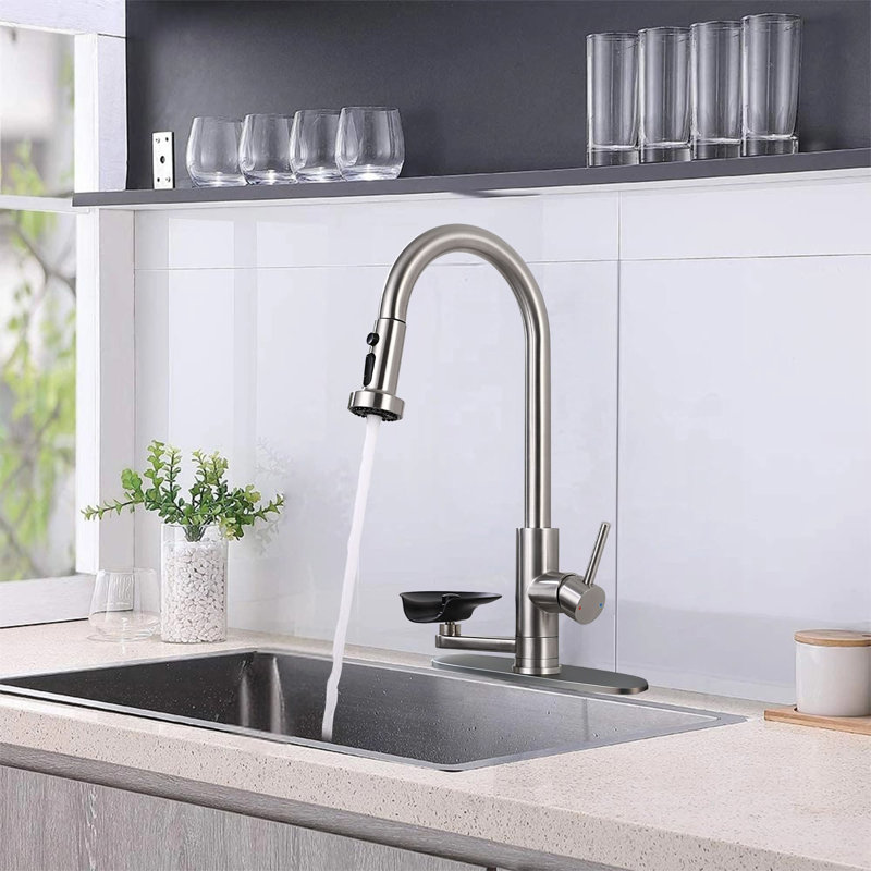 Single Hole Pull Out Kitchen Faucet With Glass Rinser Single Handle Kitchen Sink Faucets Stainless Steel Kitchen Basin Taps With Deck Plate