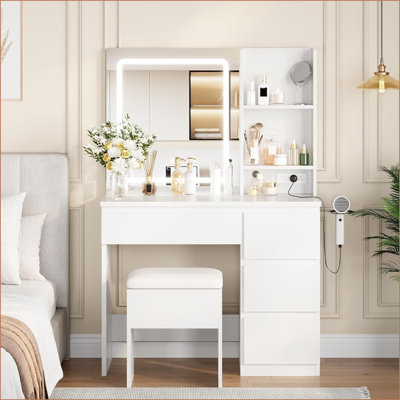 Vanity Desk With Led Mirror, Makeup Vanity Desk With 4 Drawers, Power Outlets, Storage Stool, Storage Shelves & Hair Dryer Holder , Adjustable 3 Light by Wrought Studio