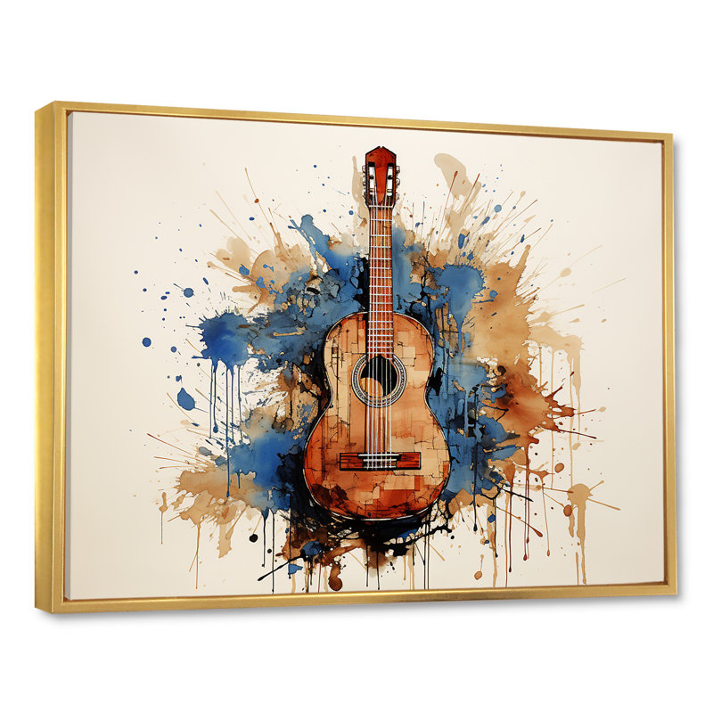 Earthy Brown, guitare mélodique - musique sur toile, Cadre flottant doré, H 34 po x l 44 po x P 1,5 po
