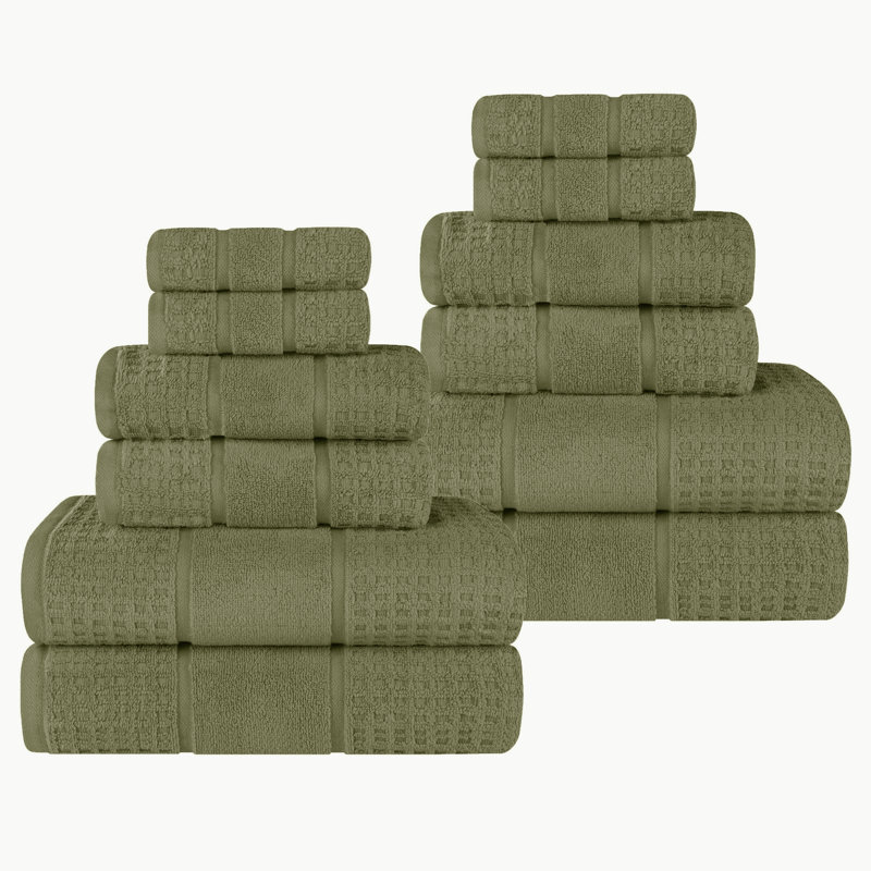 Hisela Zero Twist Cotton Solid Waffle Honeycomb Plush Soft Absorbent Medium Weight Assorted Towel Set, Forest Green