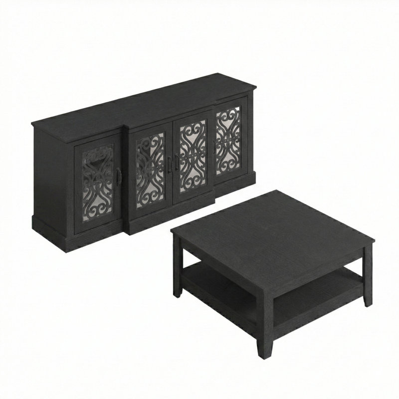 Weddel Basilico 2 Piece Modern Sideboard And Coffee Table Living Room Set, Black Oak, Black Oak