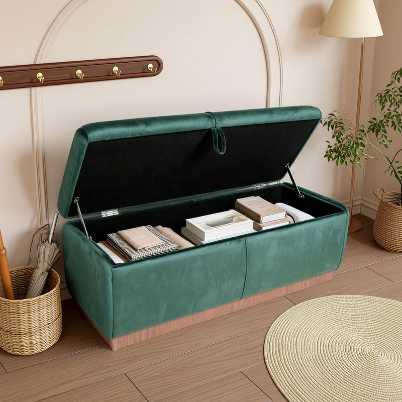 Banc ottoman de rangement recouvert de velours avec compartiment de rangement dissimulé sous le couvercle et siège rembourré