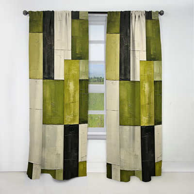 Abstract Curtain Panel, Green Cubic Pattern Blackout Decor - Green Eco Friendly Cubic Collage III