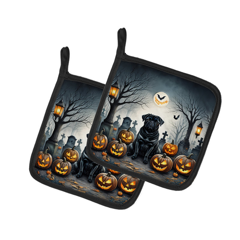 Paire de porte-casseroles d'Halloween noir carlin effrayant