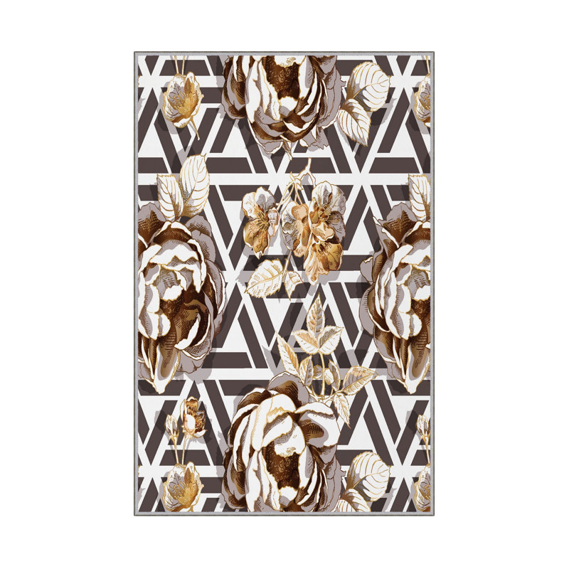 Tapis en polyester tissé à plat à la machine Assal - blanc / brun, Rectangle 5 pi 3 po x 7 pi 7 po