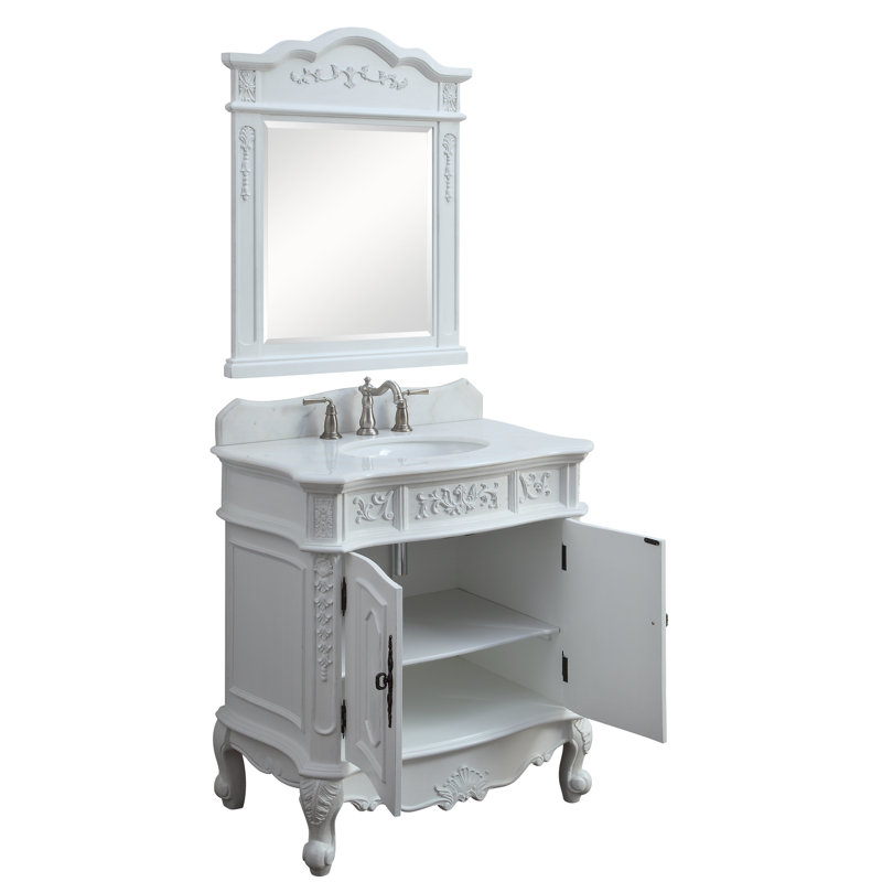 Benton Collection 33 Inch Traditional Freestanding Antique White Benson Bathroom Vanity with Mirror, Single Sink, White Marble Top, Fully Assembled