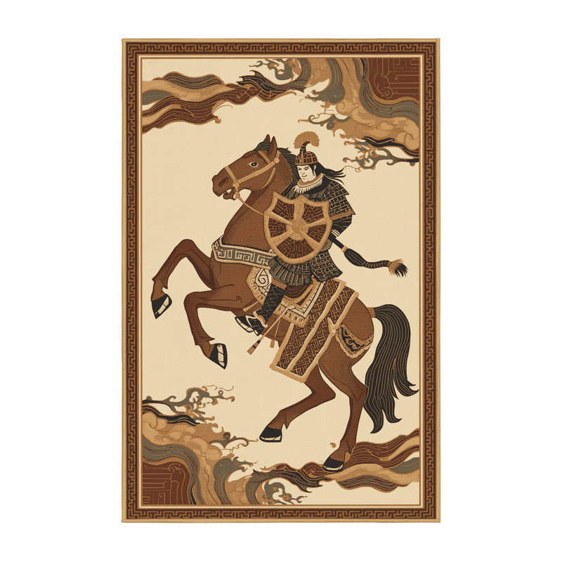 Soft Plush Dunmire Shielded Horseman Classic Oriental Area Rug in Brown – LightBrown Binding, 5x8